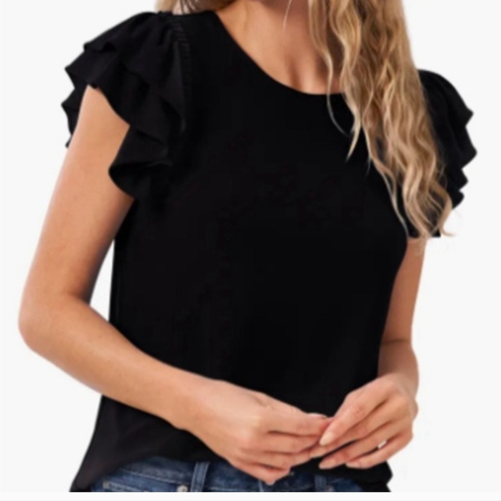 CeCe Black Double Ruffle Flutter Sleeve Popover Blouse XL